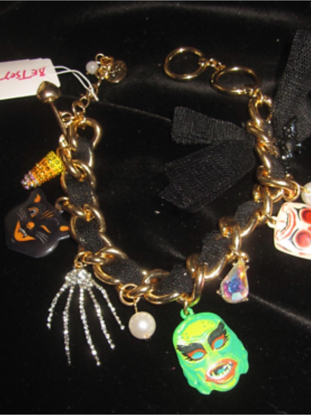 Betsey Johnson Gold Chain Charm Bracelet with Black Ribbon and Neon Green Mask